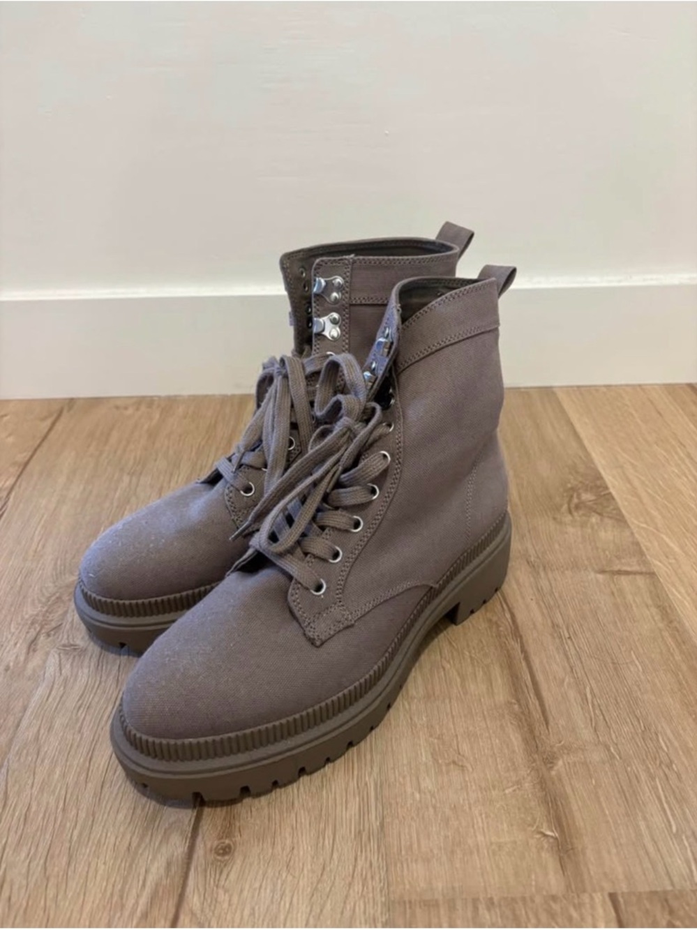 Womens Taupe Lace-Up Canvas Combat Boots